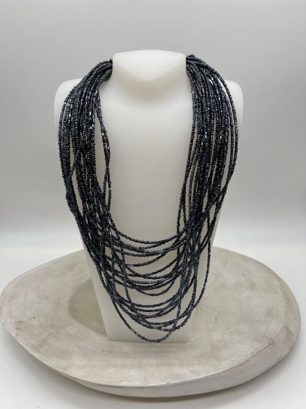 Multi Strand Black Seed Gunmetal Blue Necklace Layered Bib Statement Boho